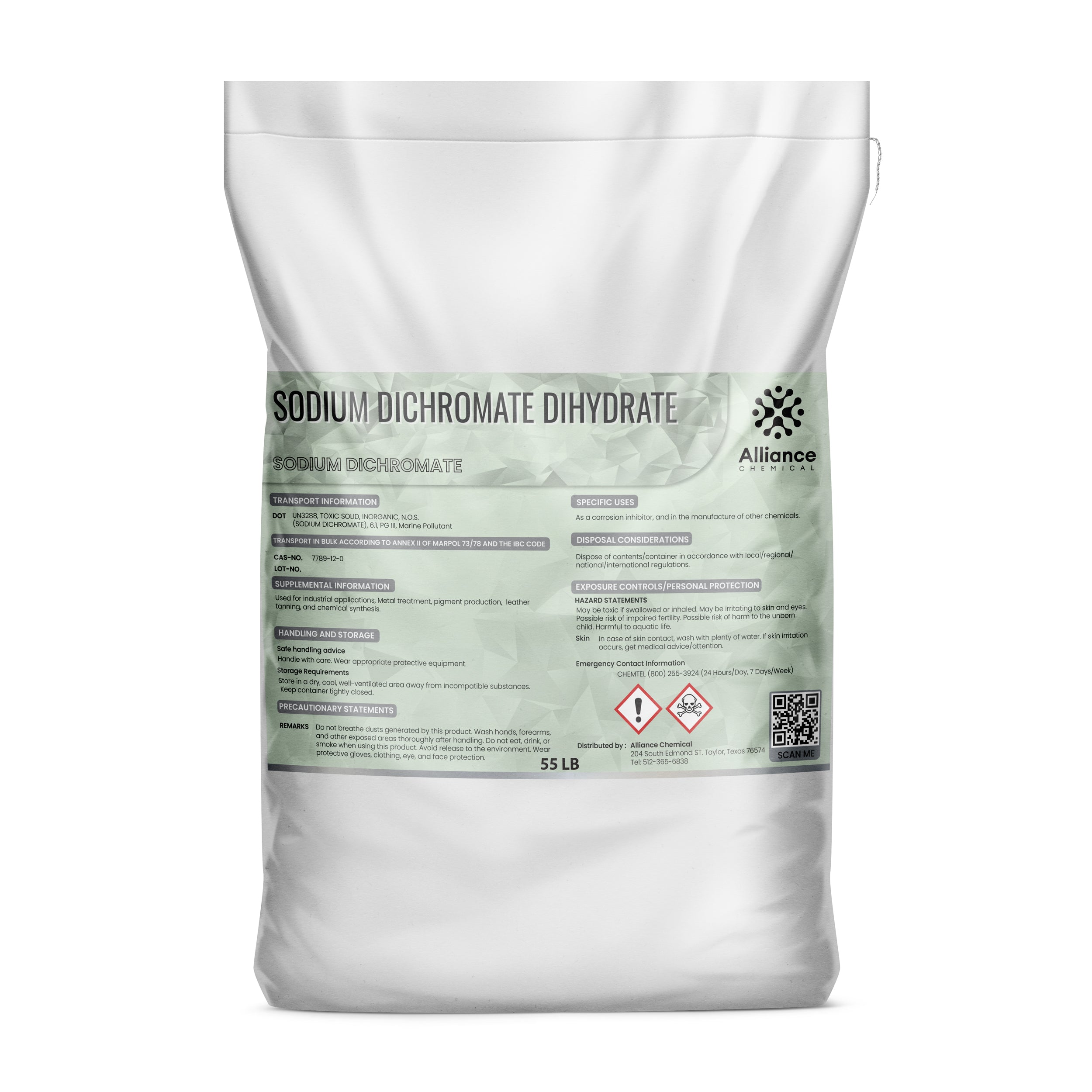 55 lb sodium dichromate dihydrate in white industrial bag, featuring Alliance Chemical branding, hazard symbols, and GHS safety labeling for toxic/corrosive materials.