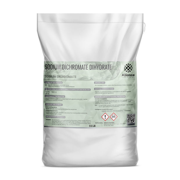 One 55-lb bag of Alliance Chemical Sodium Dichromate with product label and sealed top.