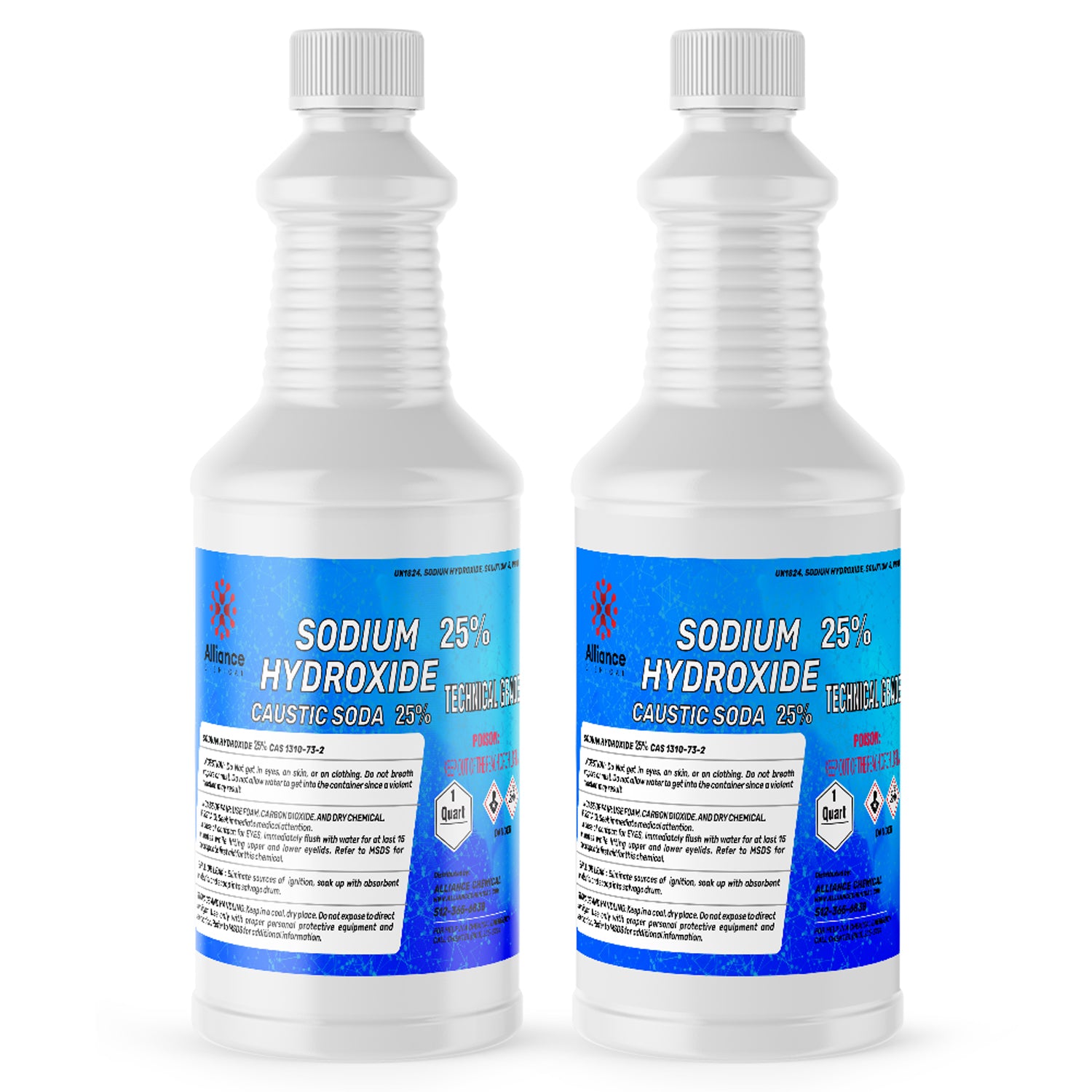 1-quart sodium hydroxide (25% caustic soda) in white HDPE bottle with blue label, corrosive/hazardous material warnings, industrial-grade technical solution.