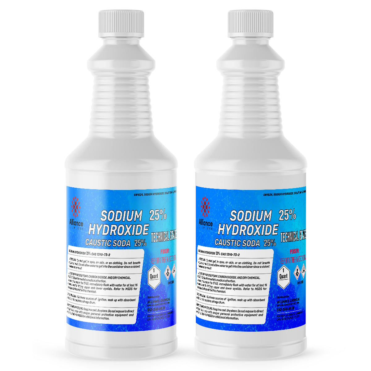 Two 1-quart bottles of Alliance Chemical Sodium Hydroxide 25% with white screw caps and blue product labels.