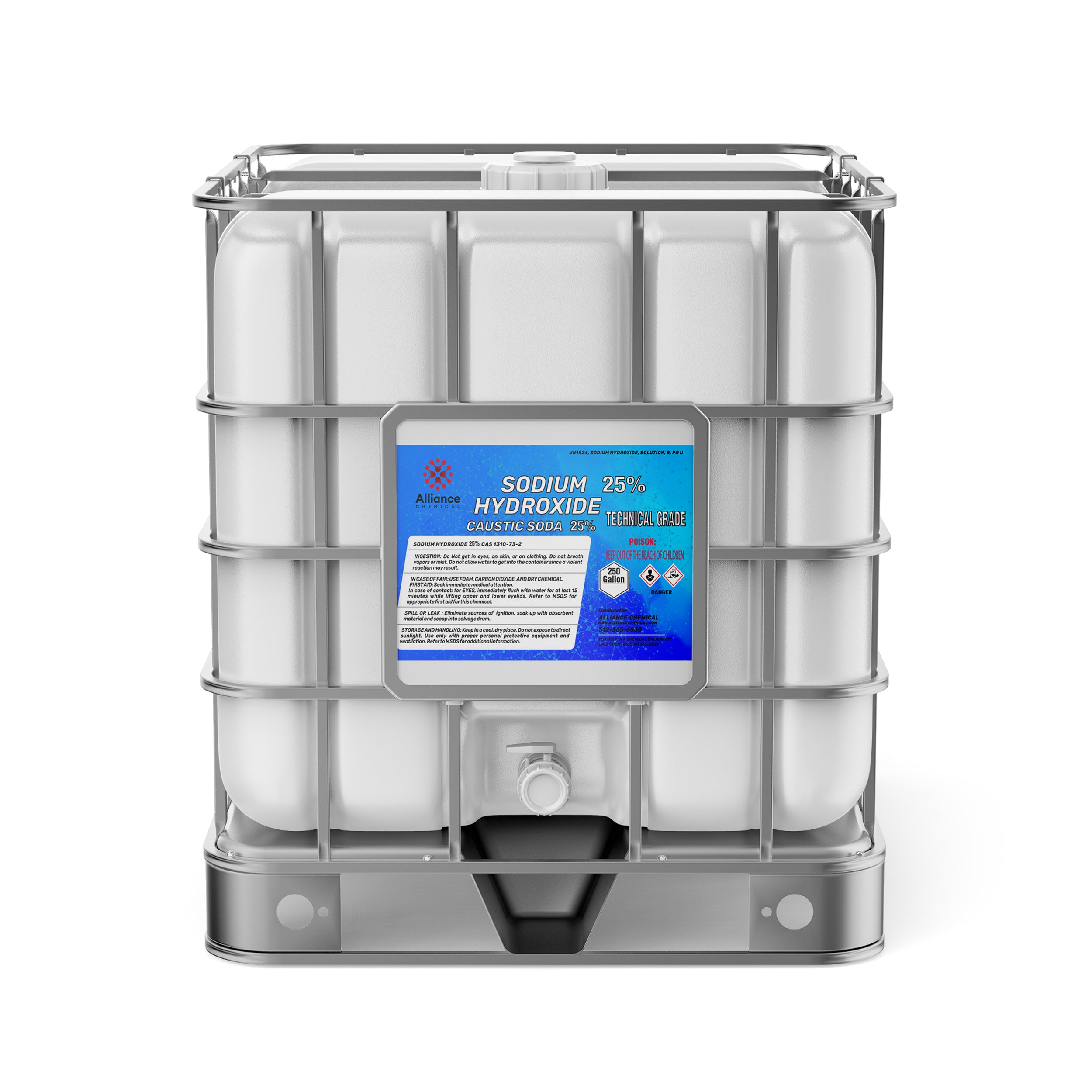 250-gallon IBC tote of 25% Sodium Hydroxide (Caustic Soda) technical grade with corrosive/hazardous material warning labels and metal cage frame.