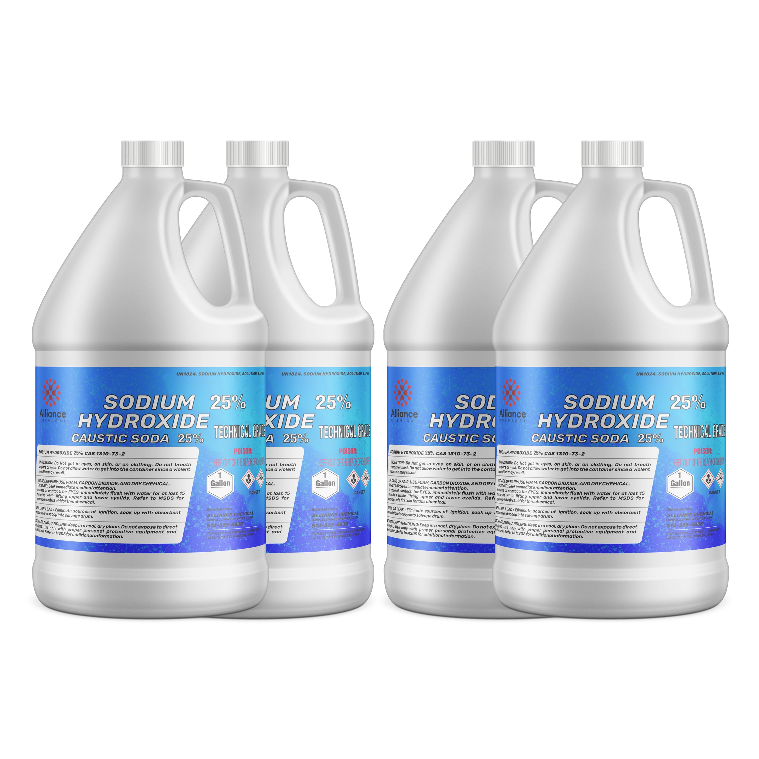 4x1-gallon HDPE jugs of 25% Sodium Hydroxide (Caustic Soda), technical grade, with blue safety labels and hazard warnings, white screw caps.