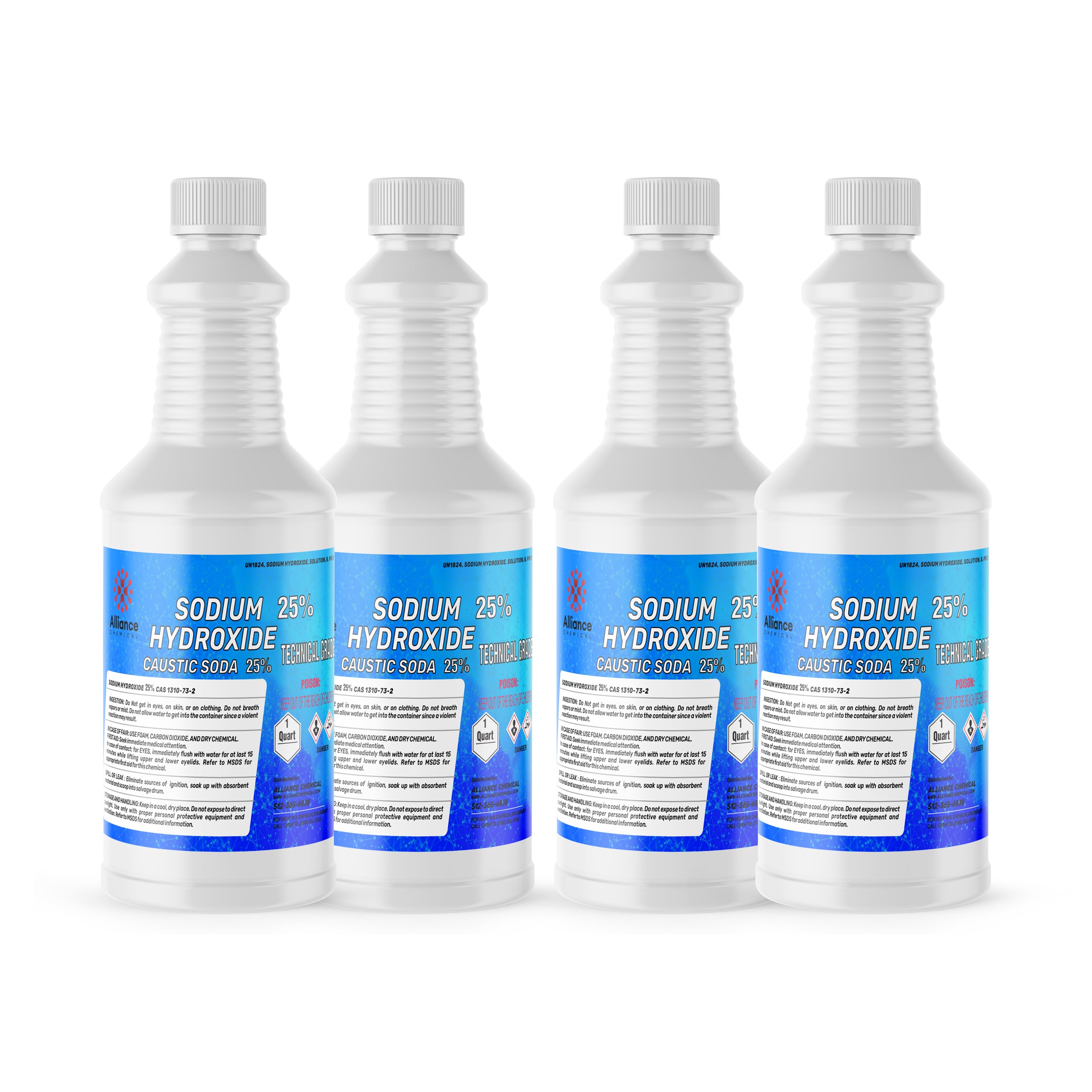 1-quart bottles of 25% Sodium Hydroxide (Caustic Soda) in white HDPE containers with blue labels, hazard symbols, and safety warnings, 4-pack.