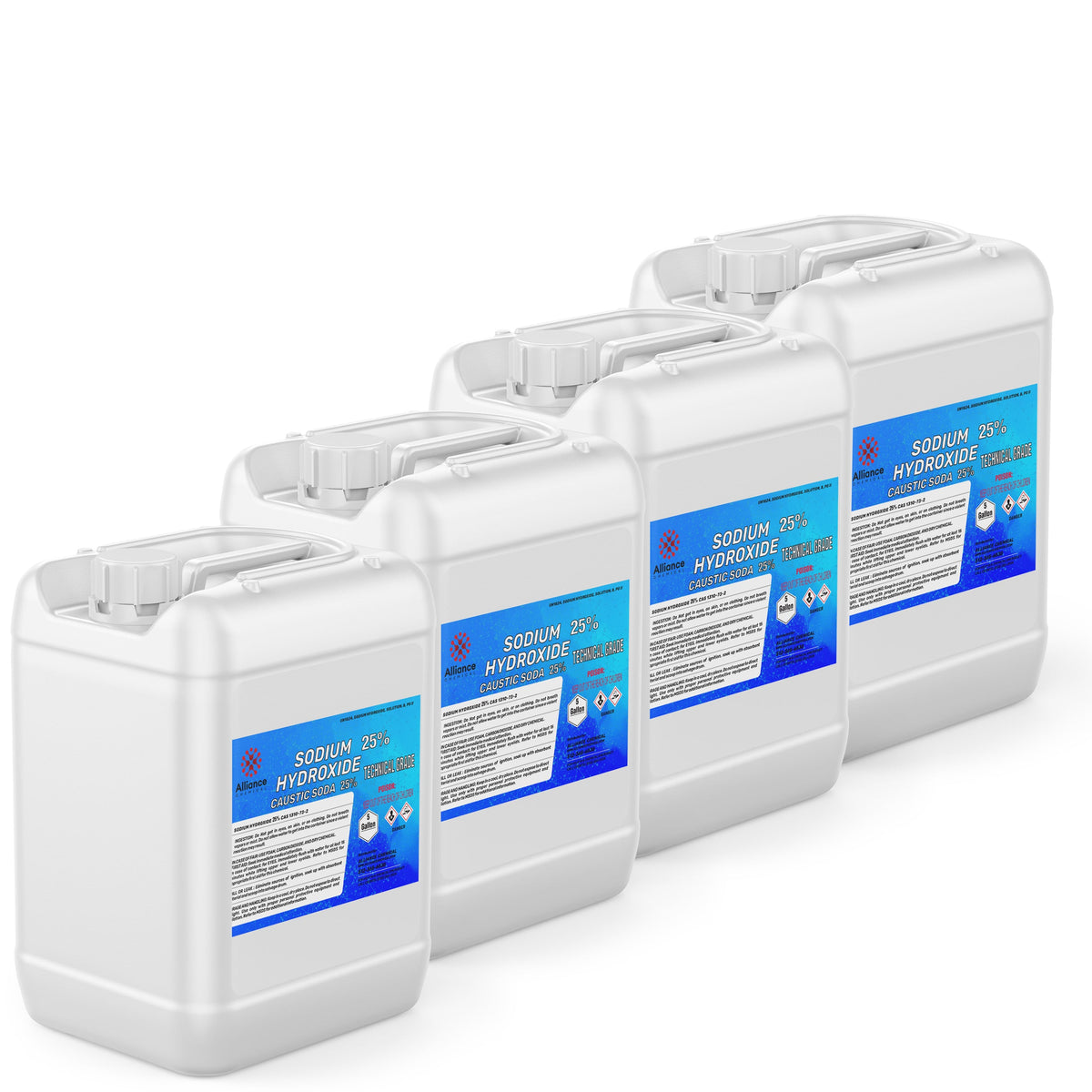 Four 5-gallon HDPE jugs of Alliance Chemical Sodium Hydroxide 25% with labels, handles, and white screw caps.