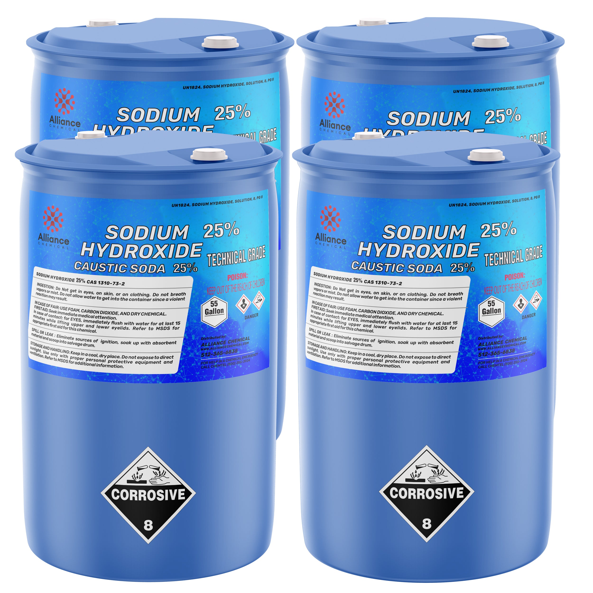 55-gallon blue drums of 25% Sodium Hydroxide (Caustic Soda) technical grade with corrosive warning labels, Alliance Chemical brand, UN1824 classification.