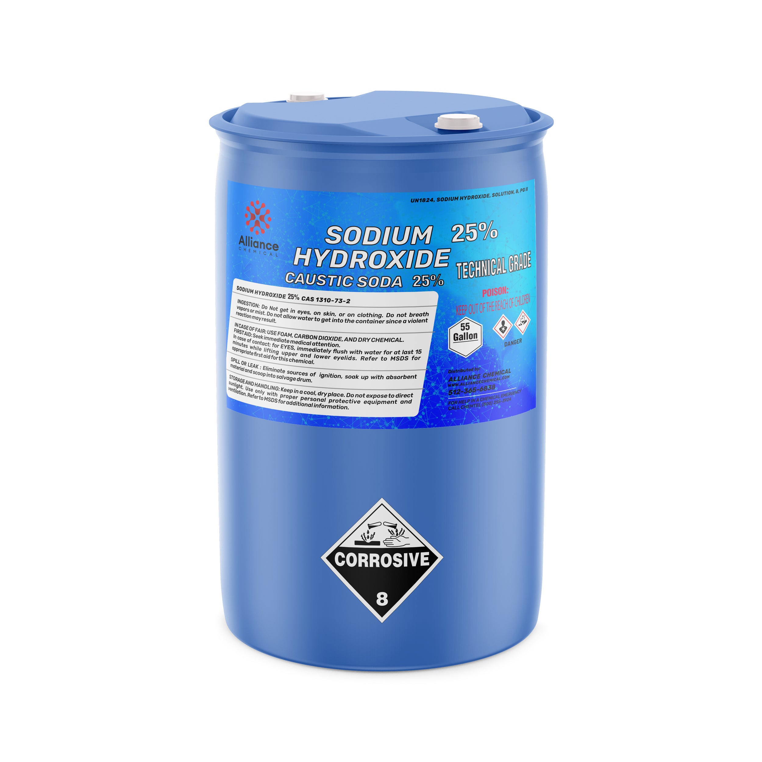 55-gallon blue drum of 25% Sodium Hydroxide (Caustic Soda) technical grade with corrosive warning label, Alliance Chemical branded, sealed container.