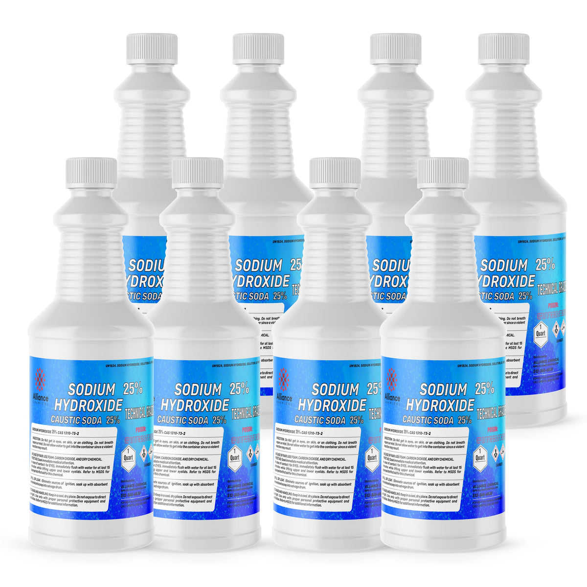 Eight 1-quart bottles of Alliance Chemical Sodium Hydroxide 25% with white screw caps and blue and white labels.