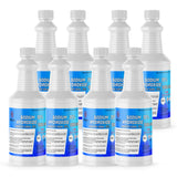 Eight 1-quart bottles of Alliance Chemical Sodium Hydroxide 25% with white screw caps and blue and white labels.