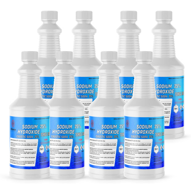 Eight 1-quart bottles of Alliance Chemical Sodium Hydroxide 25% with white screw caps and blue and white labels.
