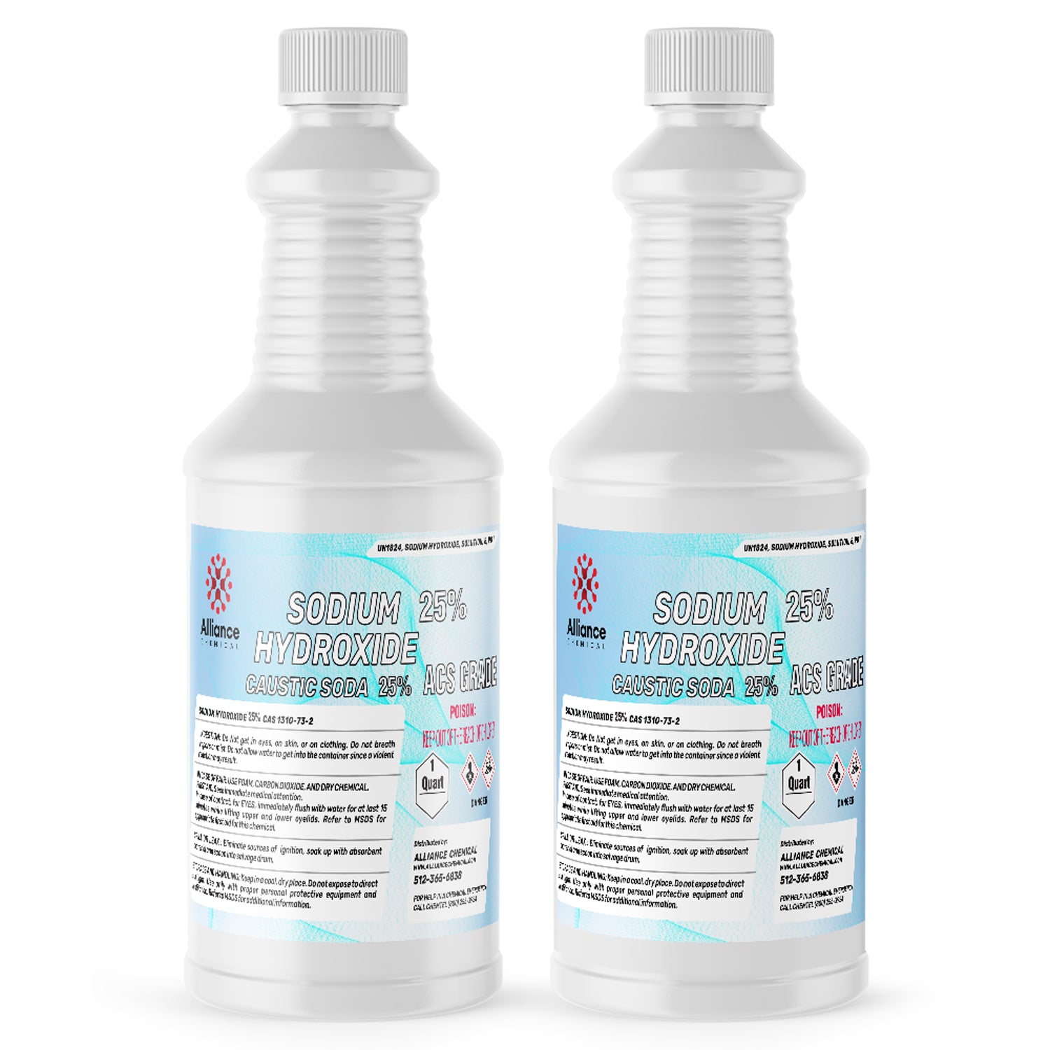 2-quart plastic bottles of Alliance Chemical 25% Sodium Hydroxide (Caustic Soda), ACS grade, with corrosive hazard symbols and safety warnings.