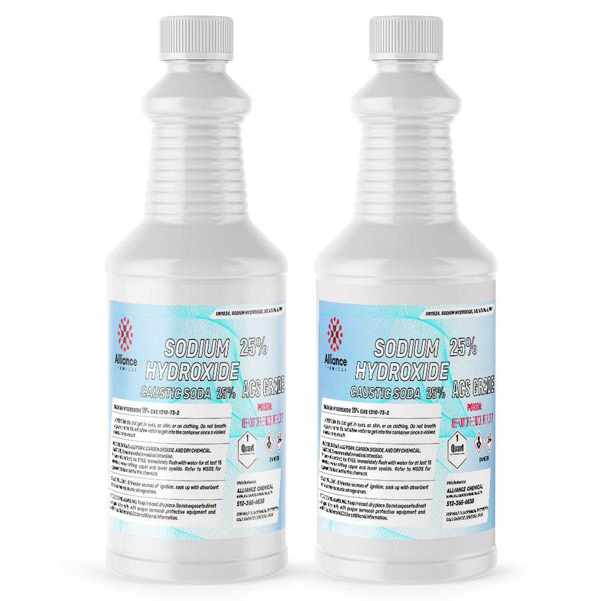 2-quart plastic bottles of Alliance Chemical 25% Sodium Hydroxide (Caustic Soda), ACS grade