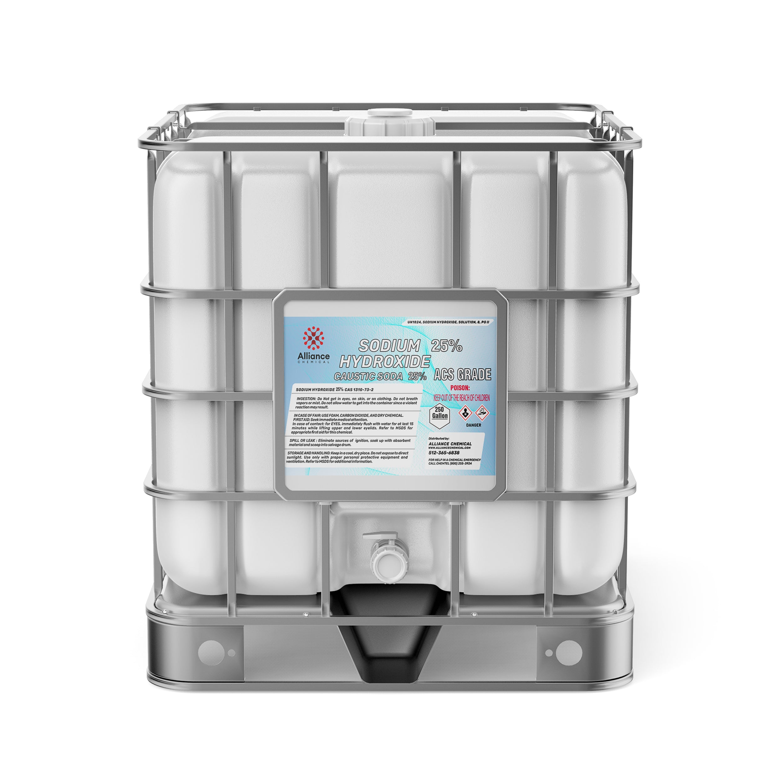 250-gallon IBC tote of Sodium Hydroxide 25% ACS Grade (caustic soda) with industrial hazard warnings, Alliance Chemical label, and bottom discharge valve.