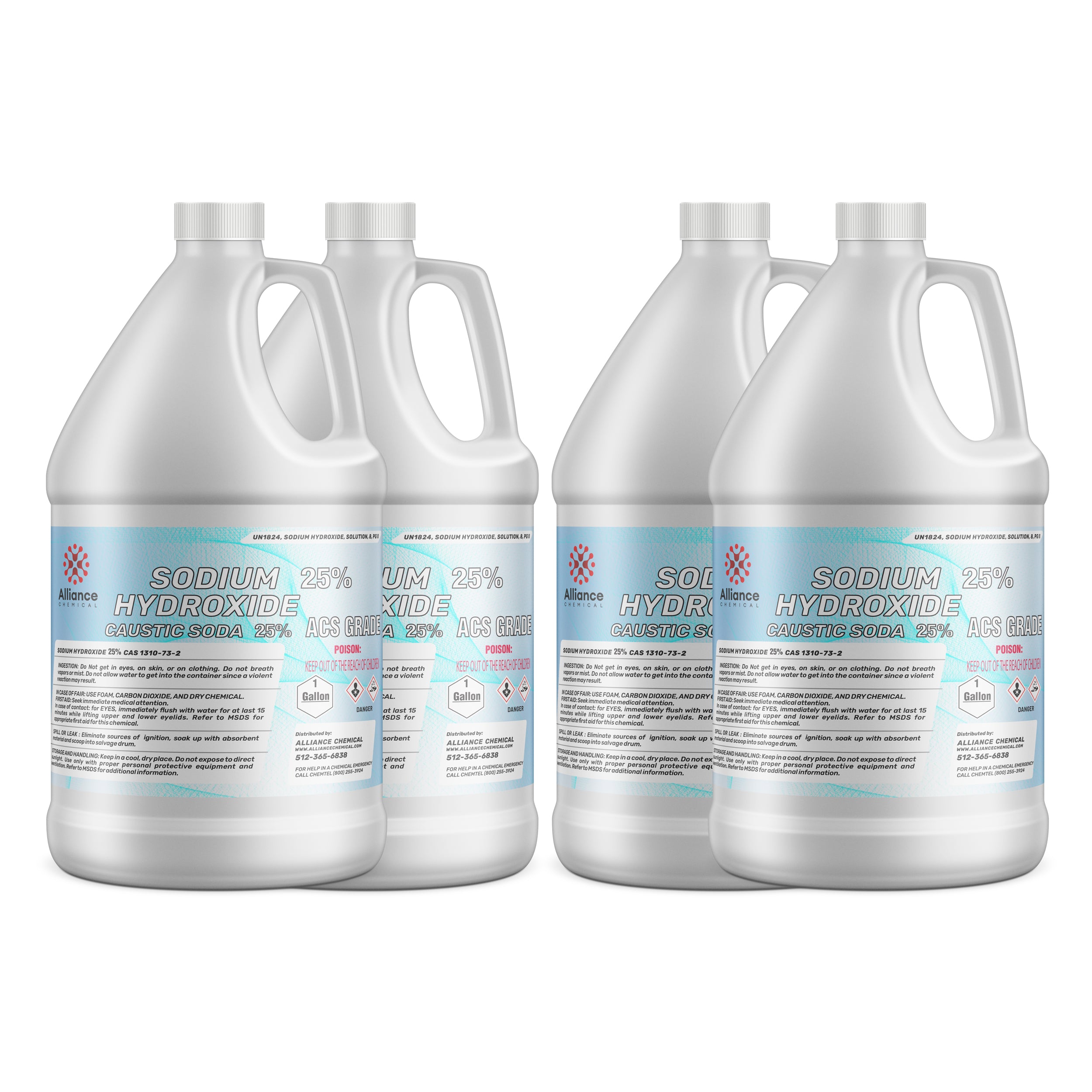 4x1-gallon sodium hydroxide 25% ACS grade caustic soda in white HDPE containers with Poison warning labels, manufactured by Alliance Chemical.