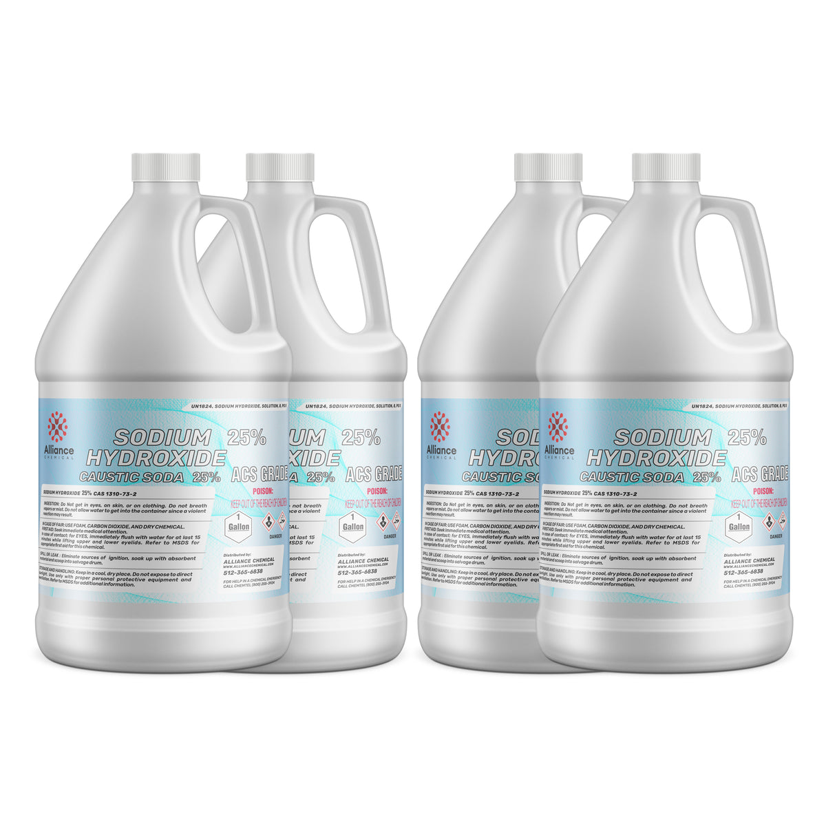 4x1-gallon sodium hydroxide 25% ACS grade caustic soda in HDPE containers with Poison warning labels, Alliance Chemical