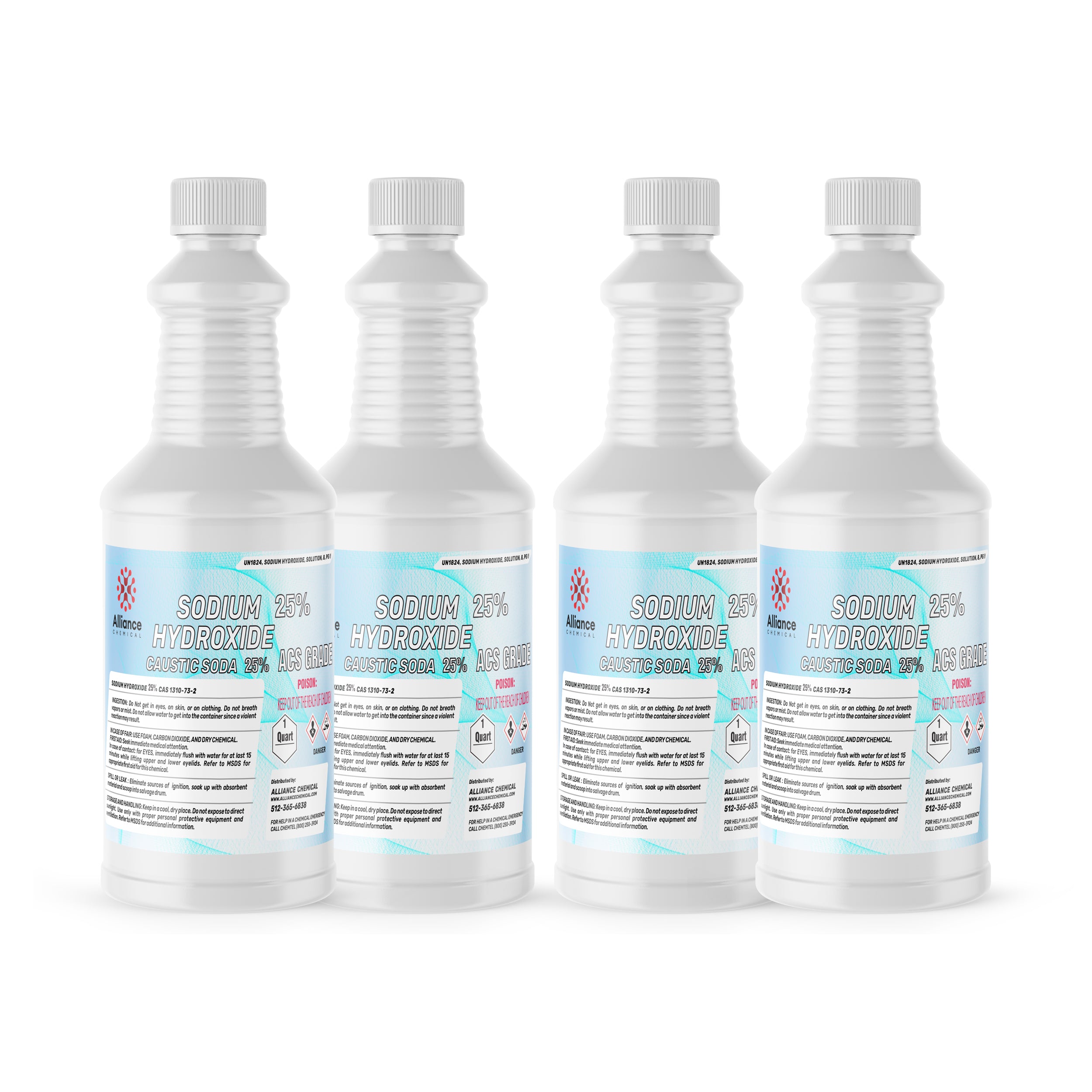 1-quart bottles (4-pack) of 25% Sodium Hydroxide ACS Grade caustic soda in white HDPE containers with safety labels and ribbed caps.