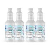Four 1-quart HDPE bottles of Alliance Chemical Sodium Hydroxide 25% ACS Grade with white caps.