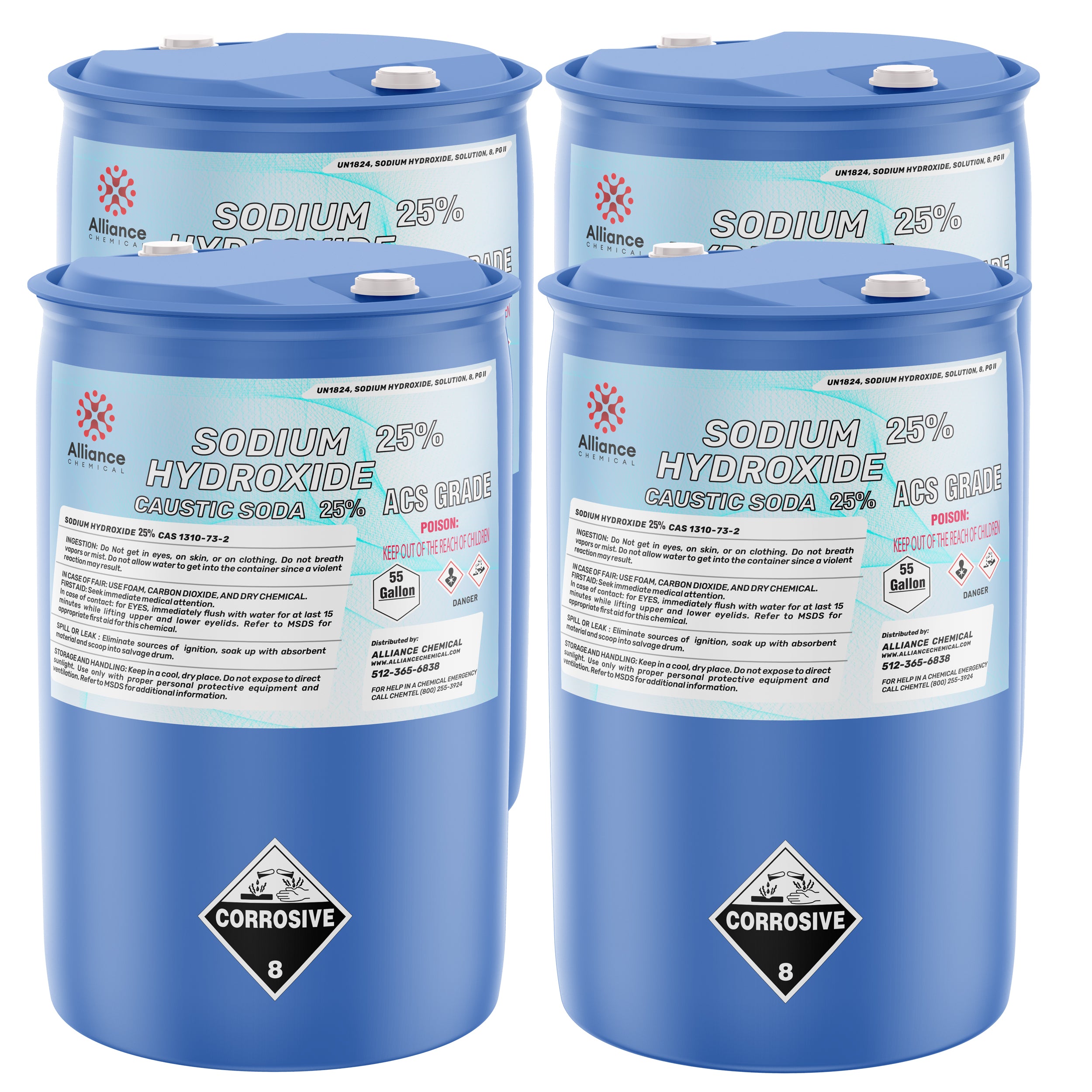 55-gallon blue drums of Sodium Hydroxide 25% ACS Grade (Caustic Soda) by Alliance Chemical, with corrosive warning labels, UN1824 classification, and secure-seal lids.