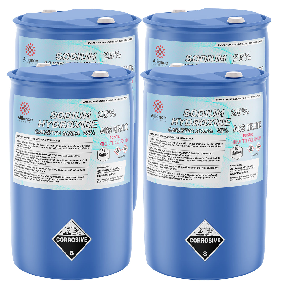 55-gallon blue drums of Alliance Chemical Sodium Hydroxide 25% ACS Grade (Caustic Soda), with corrosive warning labels