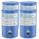 55-gallon blue drums of Alliance Chemical Sodium Hydroxide 25% ACS Grade (Caustic Soda), with corrosive warning labels