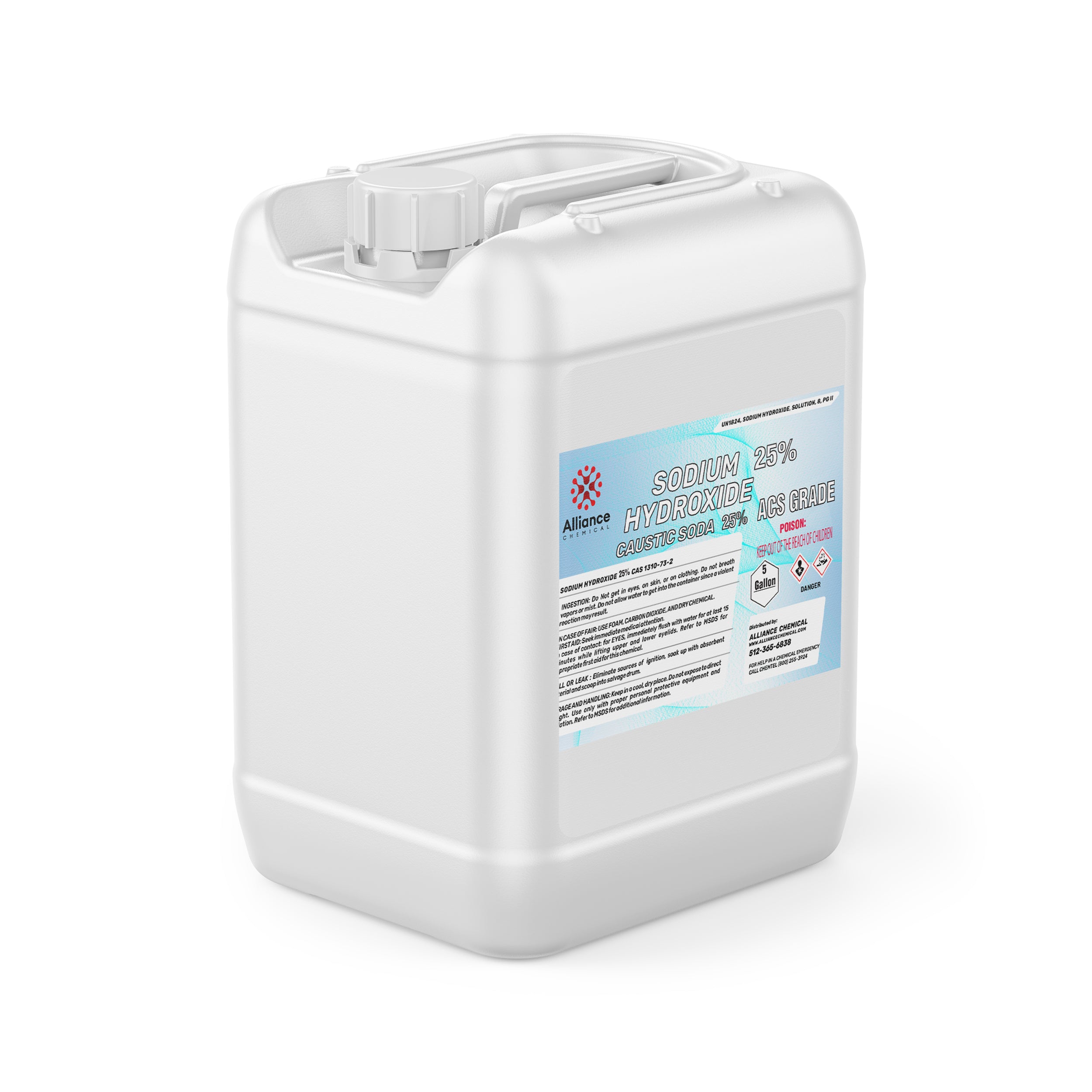 5-gallon white HDPE container of 25% Sodium Hydroxide (Caustic Soda) ACS Grade with corrosive/hazard warning symbols, Alliance Chemical branded.