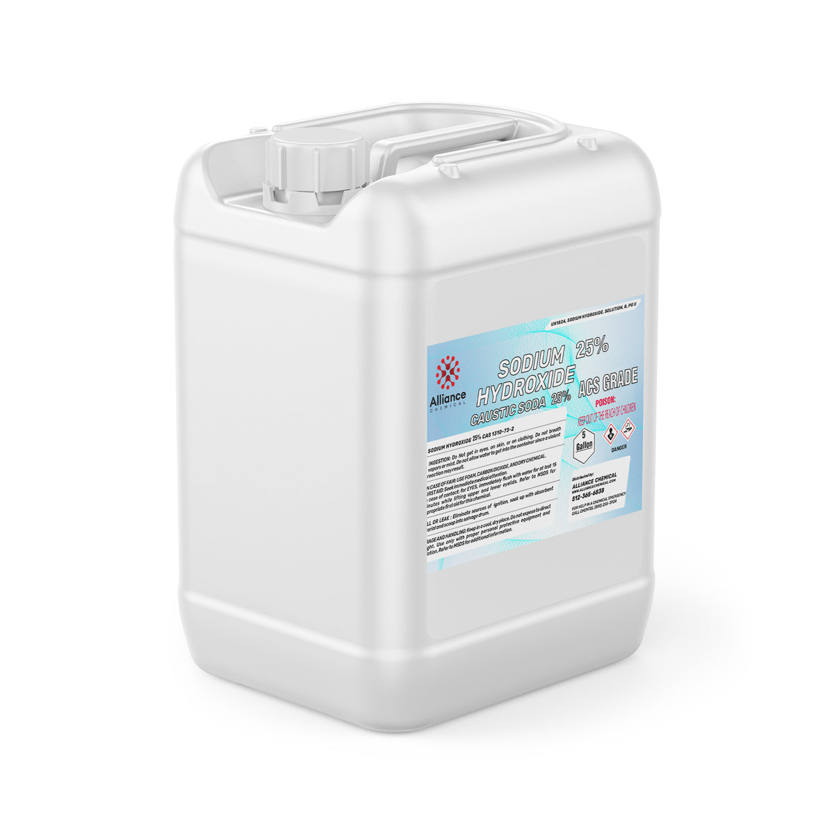 5-gallon HDPE container of 25% Sodium Hydroxide (Caustic Soda) ACS Grade with corrosive/, Alliance Chemical branded