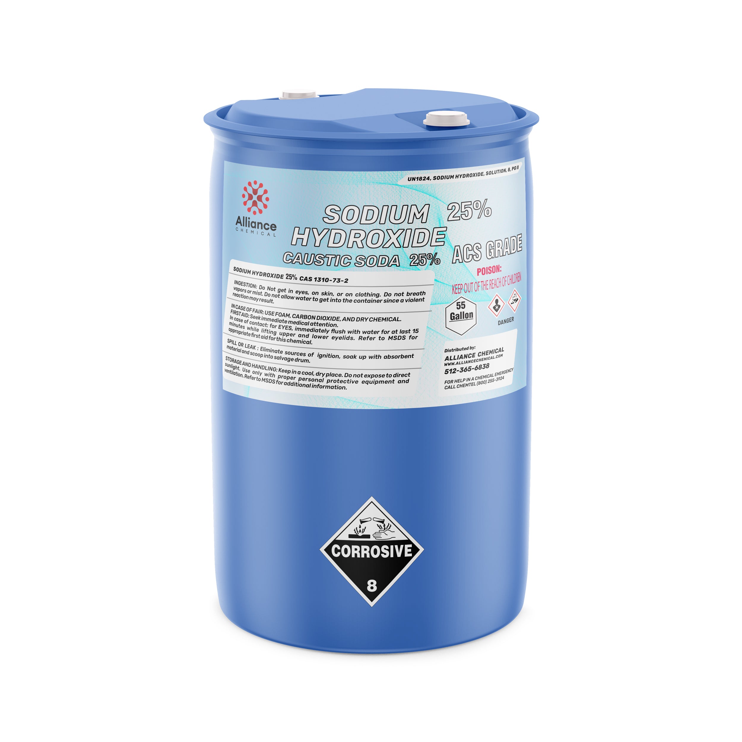 55-gallon blue polyethylene drum of Sodium Hydroxide 25% ACS Grade (Caustic Soda) with corrosive warning label, Alliance Chemical branding, and safety information.