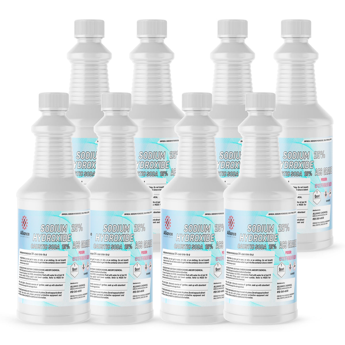 Seven 1-quart HDPE jugs of Alliance Chemical Sodium Hydroxide 25% ACS Grade with white screw caps and product labels
