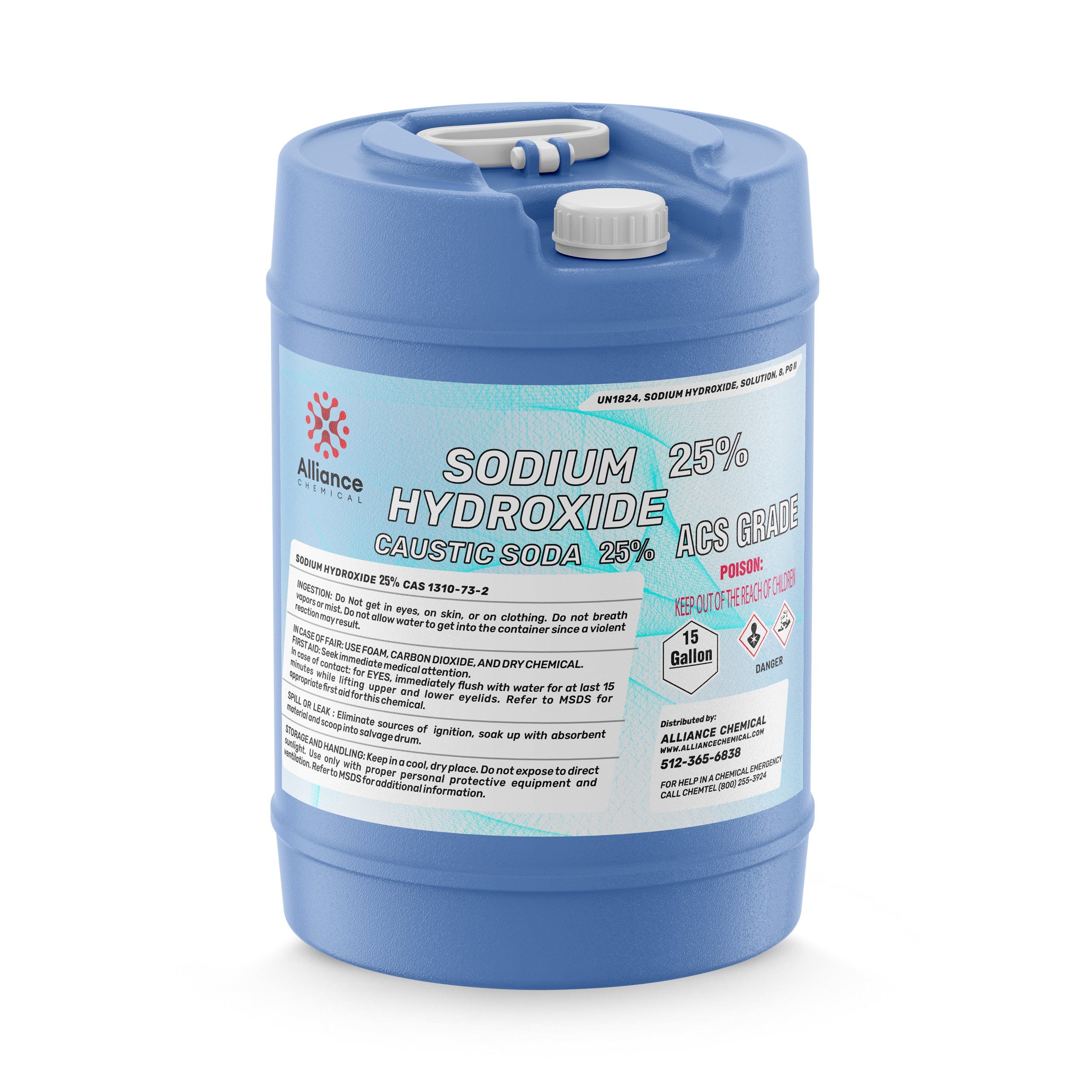 15-gallon blue HDPE carboy of Sodium Hydroxide 25% ACS Grade (Caustic Soda) with UN1824 hazard labels, safety warnings, and dual-port cap system.
