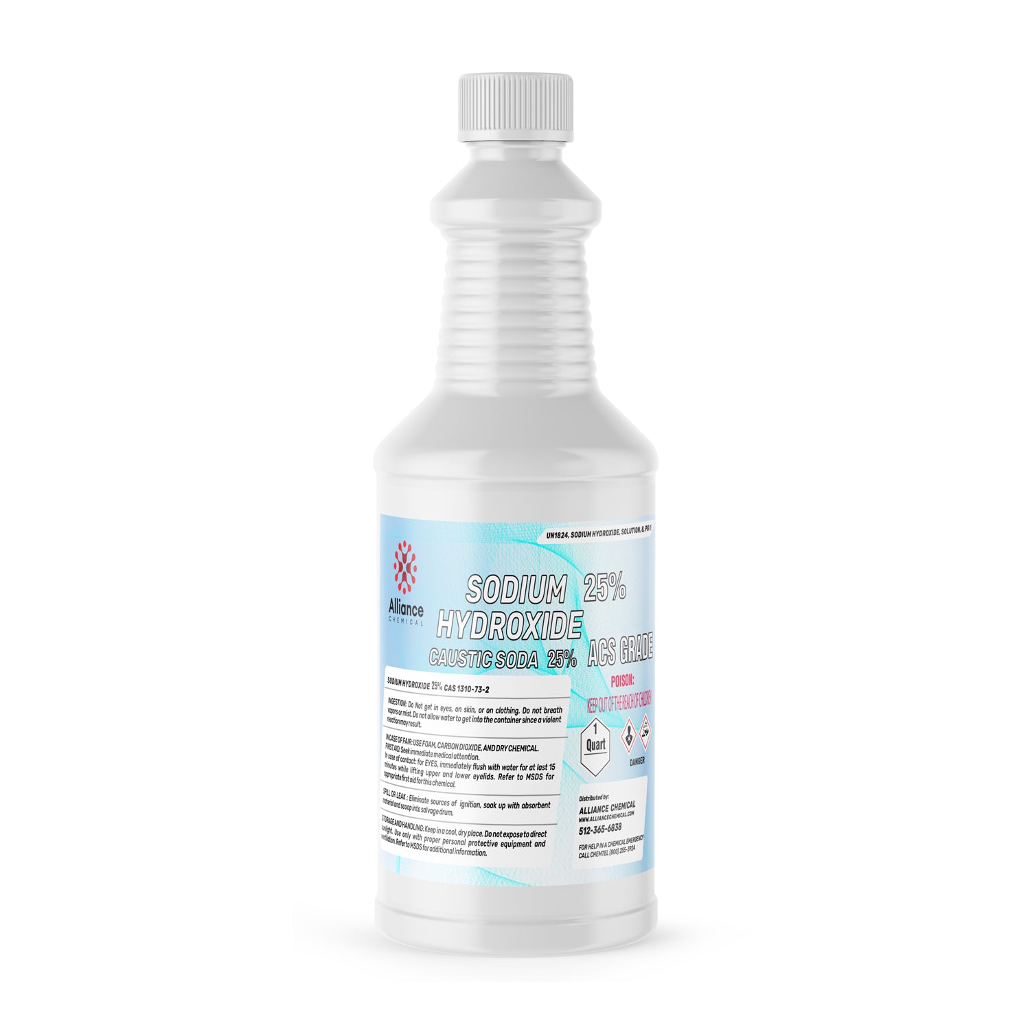 Quart bottle of 25% Sodium Hydroxide (Caustic Soda) ACS grade with corrosive warning symbol, white HDPE container, blue safety label.