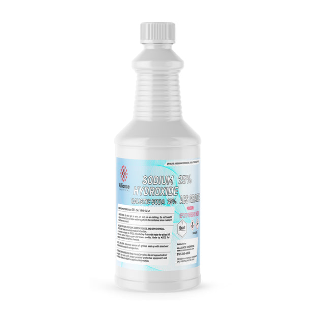 One 1-Quart Alliance Chemical Sodium Hydroxide 25% ACS Grade HDPE bottle with a ribbed screw cap and product label.