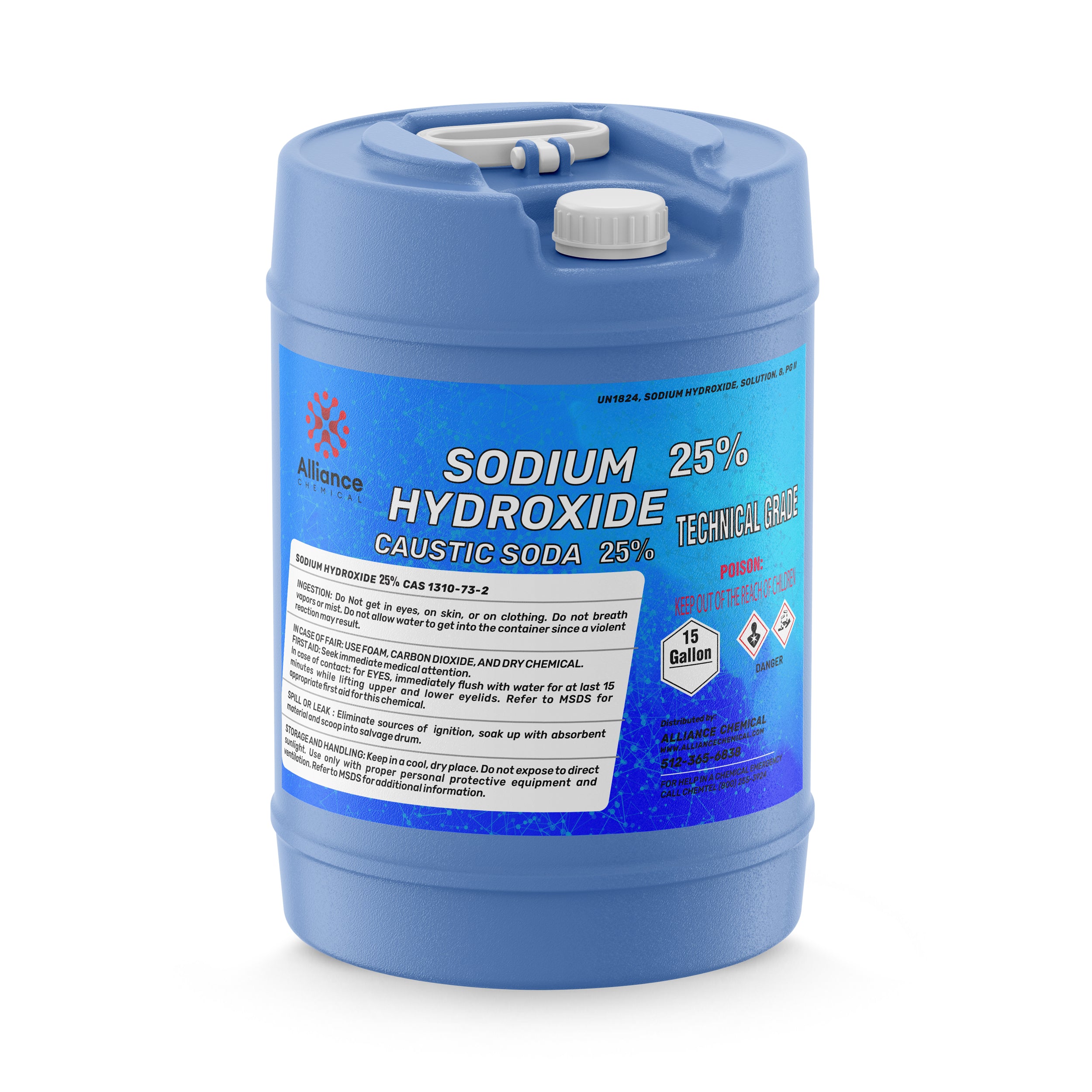 15-gallon blue HDPE carboy of 25% Sodium Hydroxide (Caustic Soda) technical grade with hazard warnings, UN1824 classification, and dual handles.