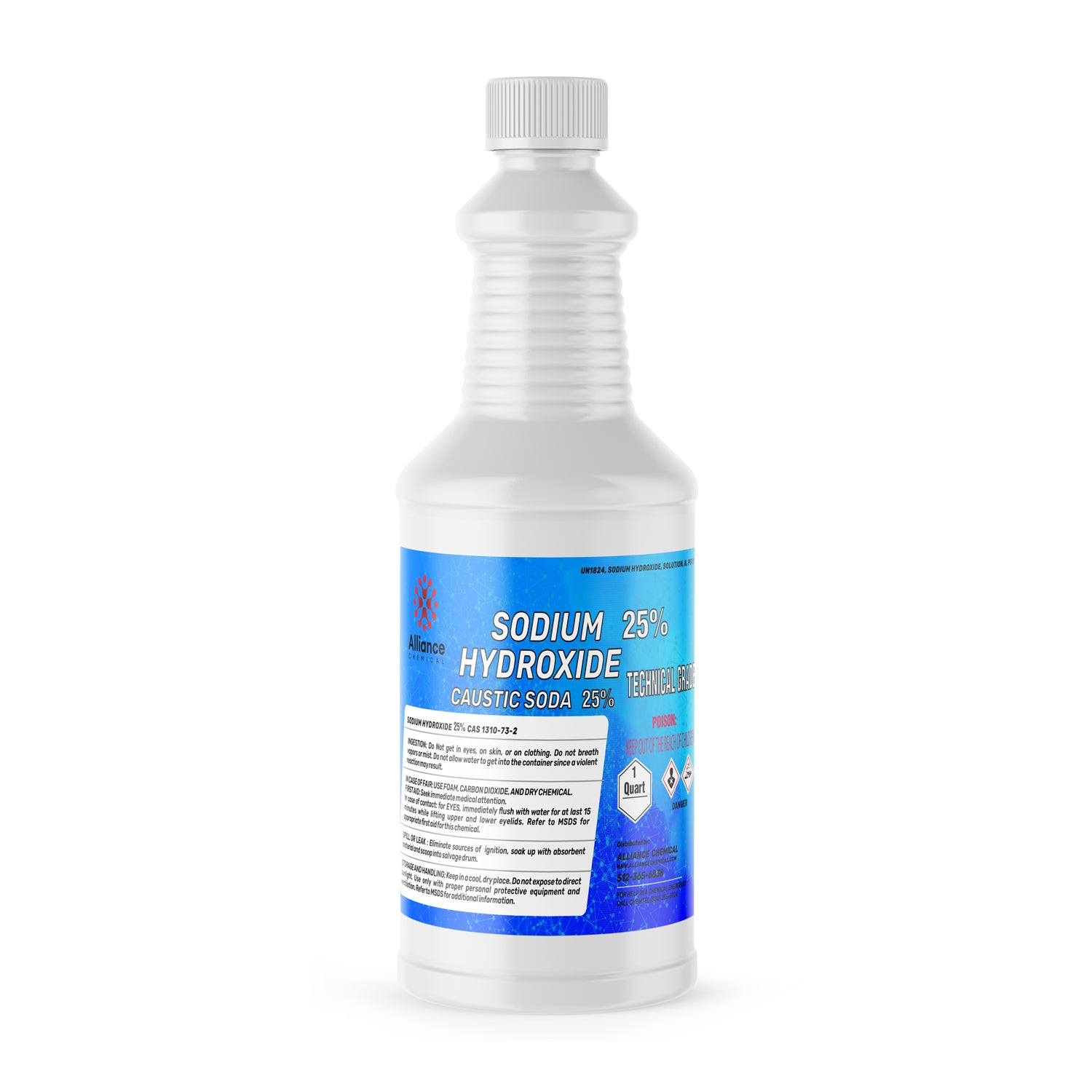 1-quart bottle of 25% Sodium Hydroxide (Caustic Soda) solution in white HDPE container with blue label, corrosive hazard symbol, technical grade.