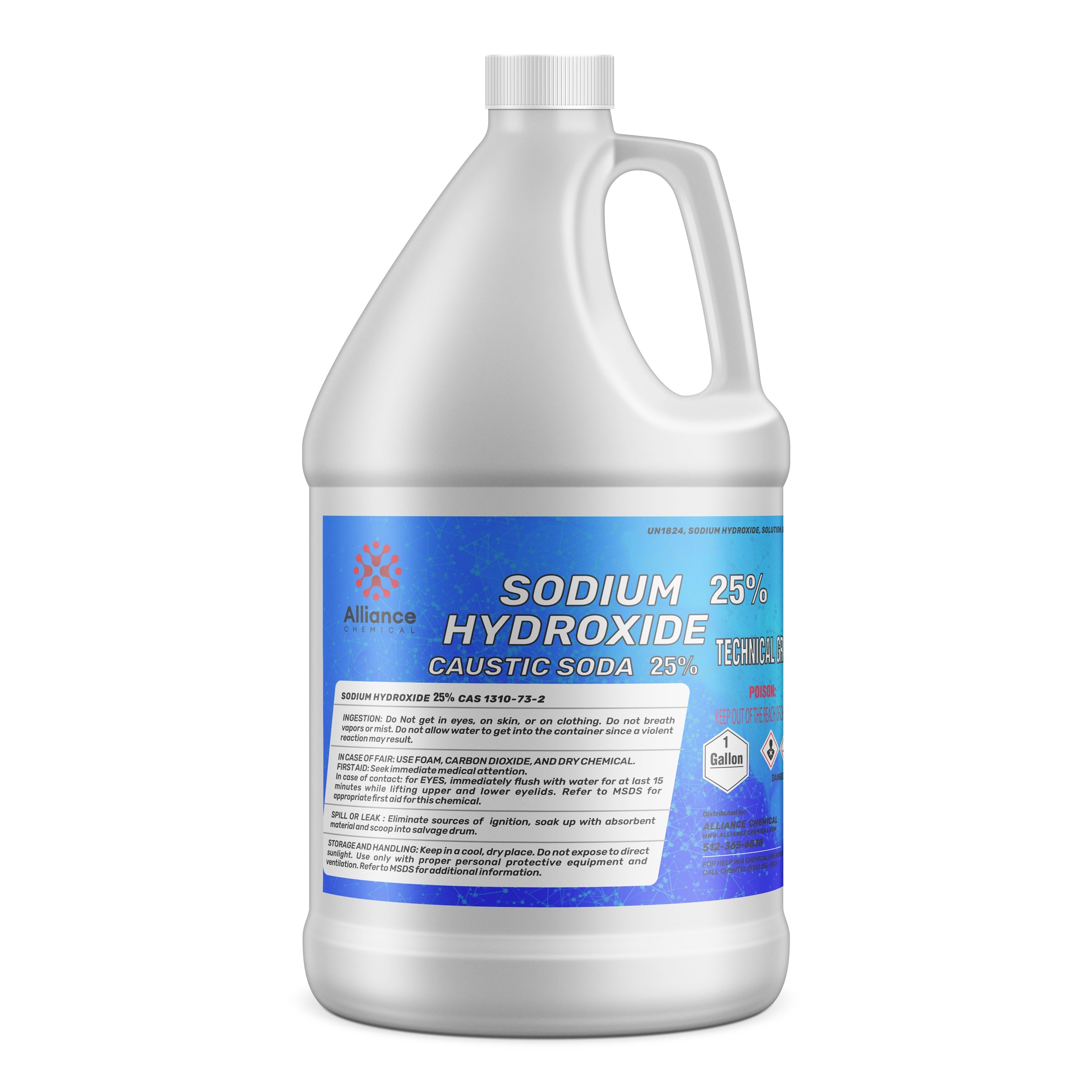 One-gallon white HDPE jug of Alliance Chemical 25% Sodium Hydroxide (Caustic Soda), technical grade, with blue safety label and hazard warnings.