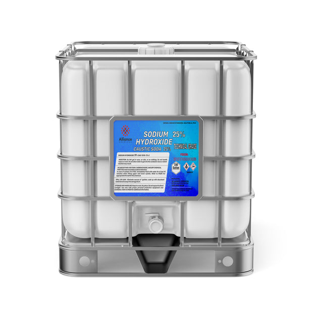 One 330-gallon tote of Alliance Chemical Sodium Hydroxide 25% with metal cage, spigot, and blue label.