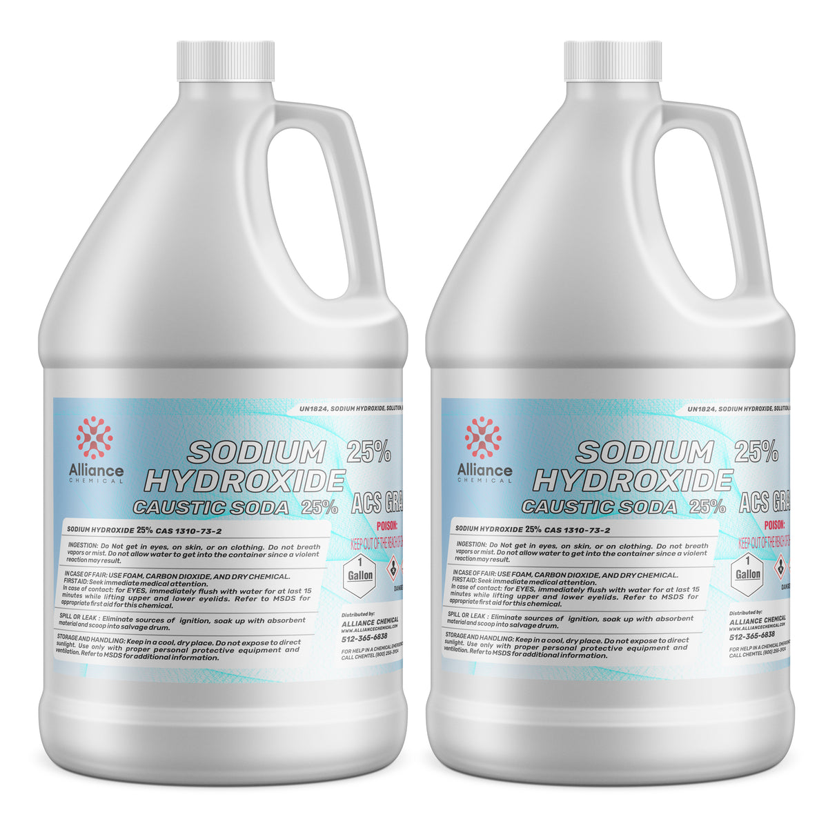 2-gallon HDPE jugs of Alliance Chemical 25% Sodium Hydroxide (Caustic Soda), ACS grade