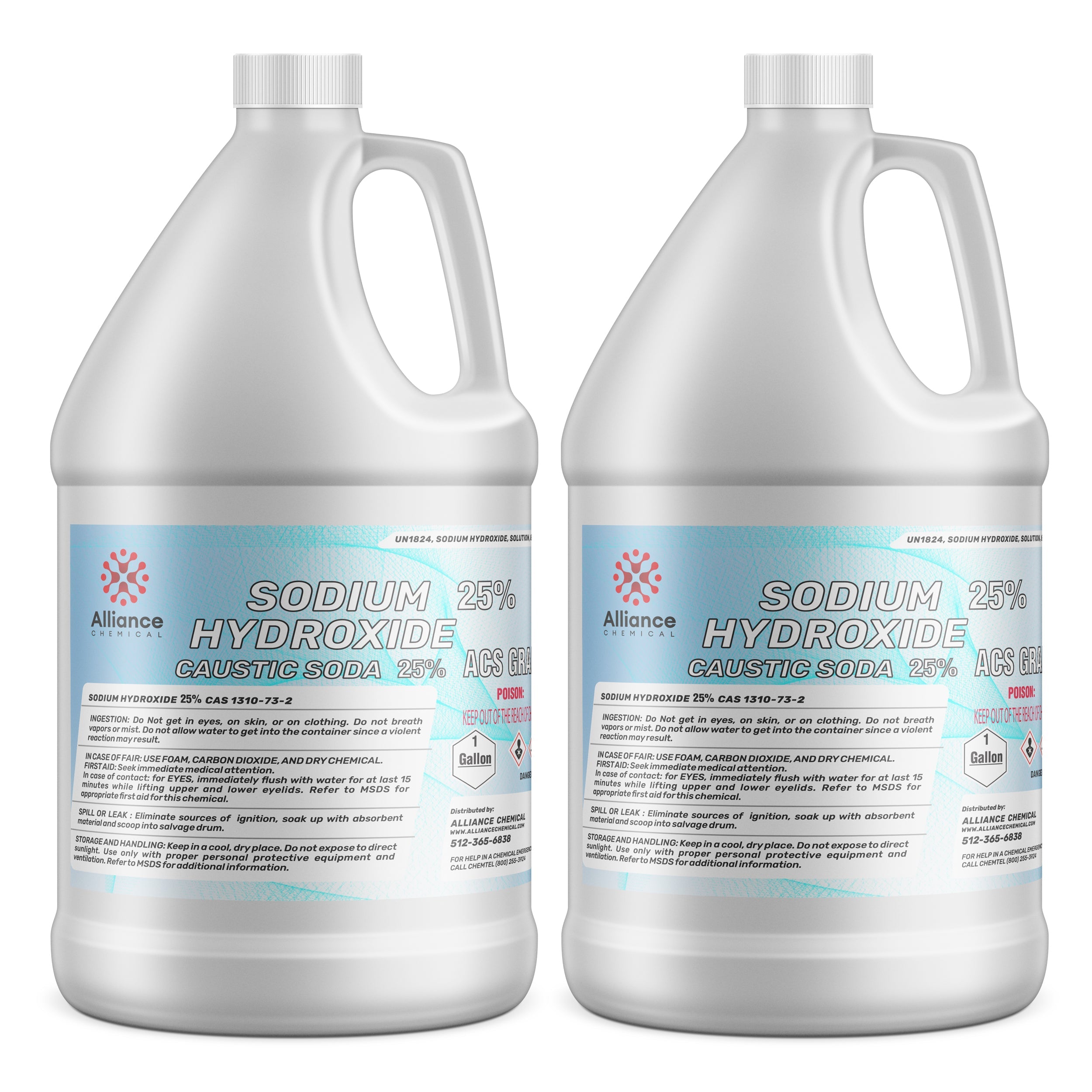 2-gallon HDPE jugs of 25% Sodium Hydroxide (Caustic Soda) ACS Grade by Alliance Chemical, with UN1824 hazard labels and safety warnings.