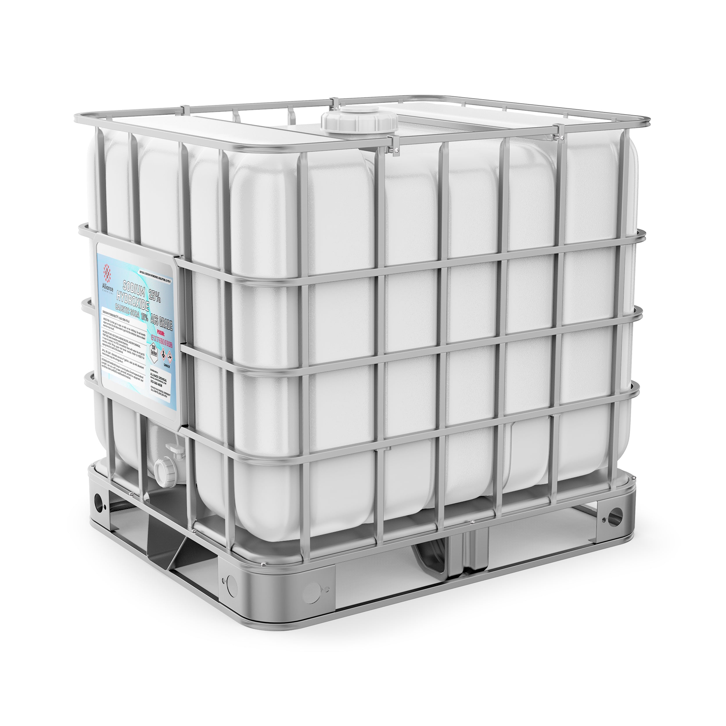 250-gallon IBC tote of sodium hydroxide 25% ACS grade in white HDPE container with metal cage frame, spigot valve, and safety documentation label.