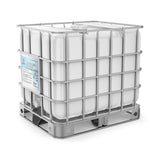 One 330-gallon Alliance Chemical Sodium Hydroxide 25% ACS Grade HDPE tote with a steel cage, top cap, and product label.