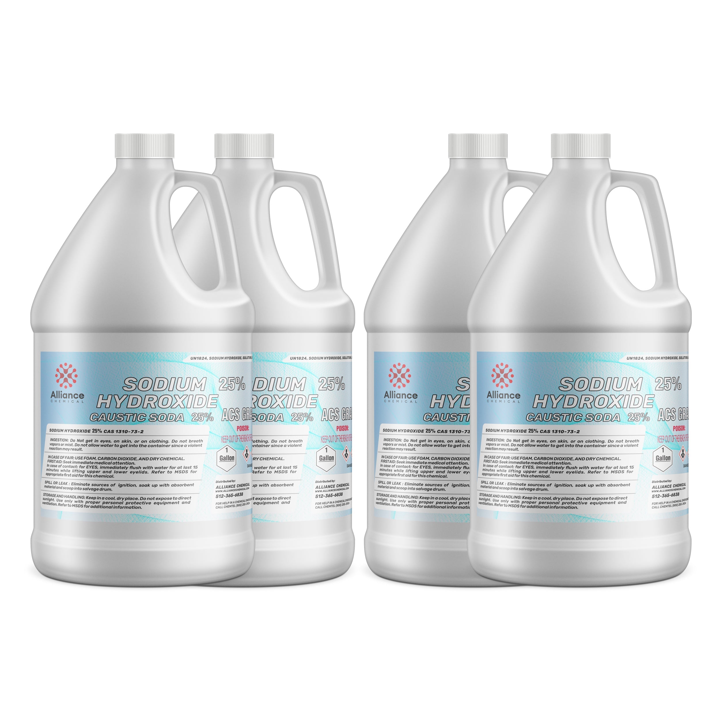 4x1-gallon HDPE jugs of 25% Sodium Hydroxide (Caustic Soda), ACS grade, with hazard warnings, Alliance Chemical branded, white containers with blue labels.