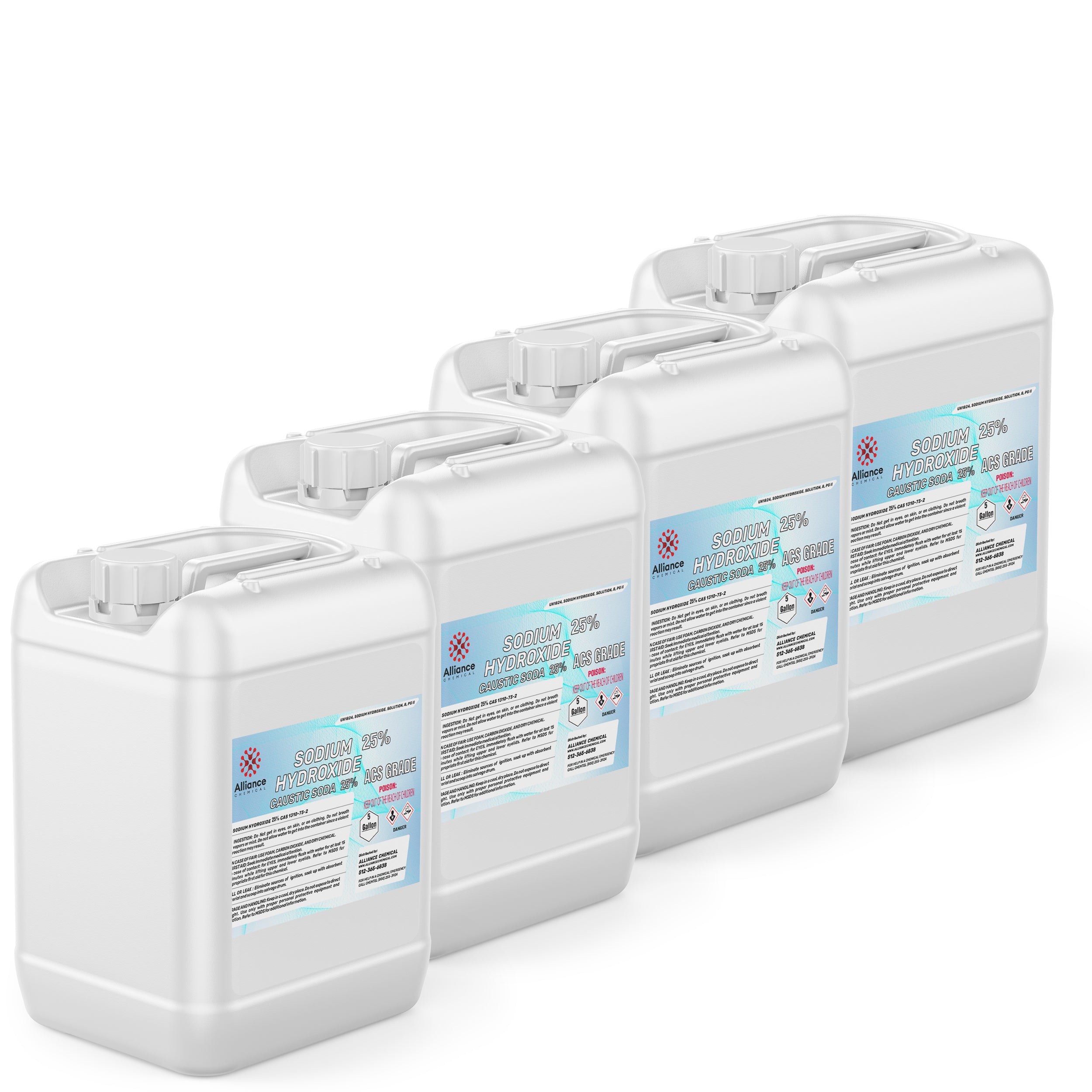 Alliance Chemical sodium hydroxide 25% in four 5-gallon white HDPE jugs with screw caps