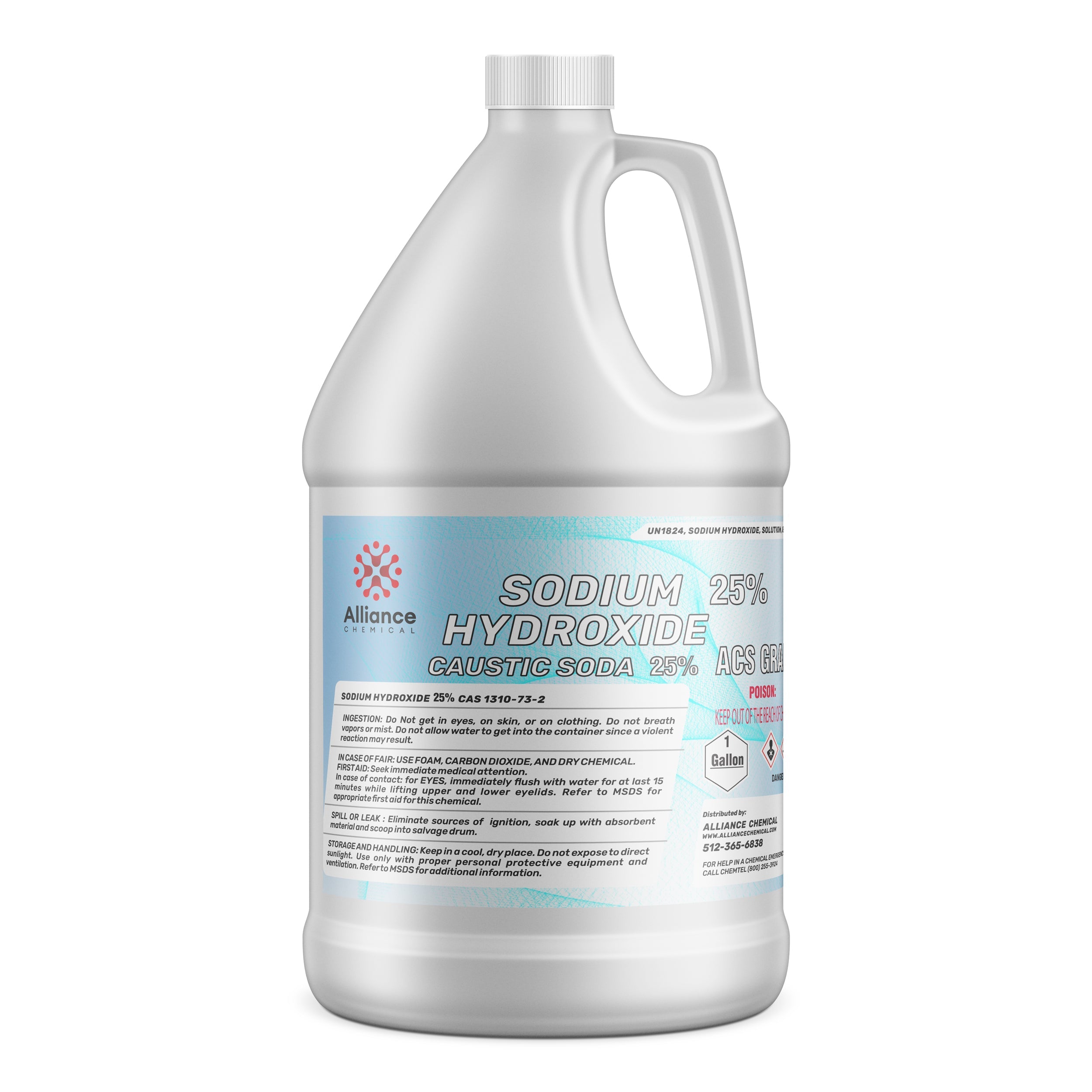 1-gallon HDPE jug of 25% Sodium Hydroxide (Caustic Soda) ACS grade with hazard warning label, Alliance Chemical brand, corrosive symbol.