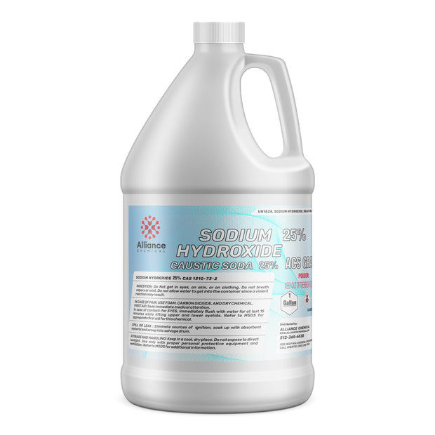1-gallon HDPE jug of 25% Sodium Hydroxide (Caustic Soda) ACS grade Alliance Chemical brand, corrosive symbol