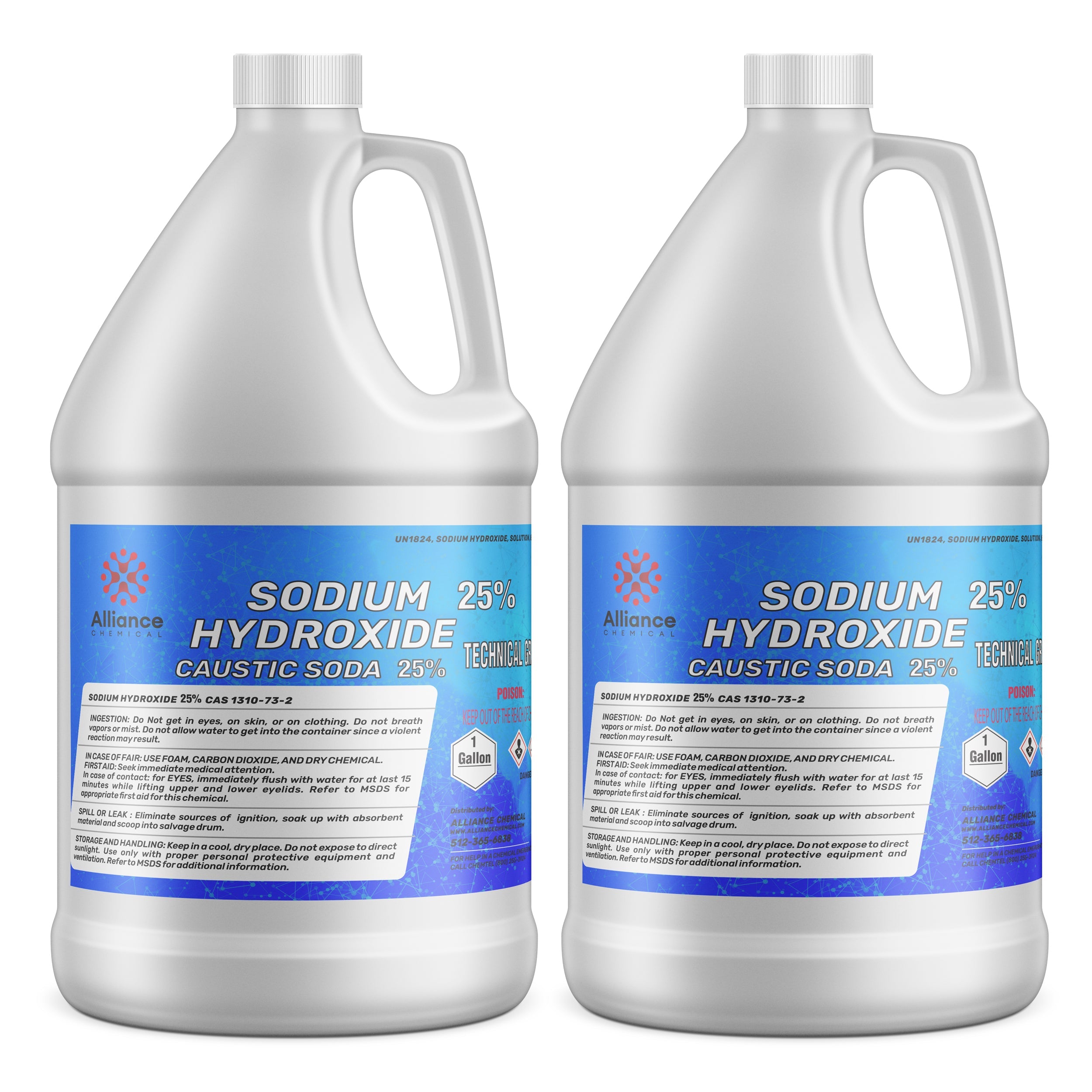 2-gallon jugs of 25% Sodium Hydroxide (Caustic Soda) in white HDPE containers with blue labels, UN1824 classification, corrosive warning symbols.