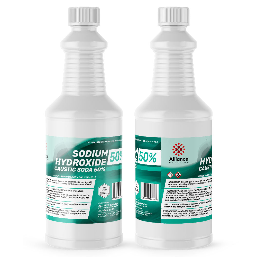 2-quart HDPE bottles of 50% Sodium Hydroxide (Caustic Soda) by Alliance Chemical, featuring corrosive warning symbols and green safety labeling.