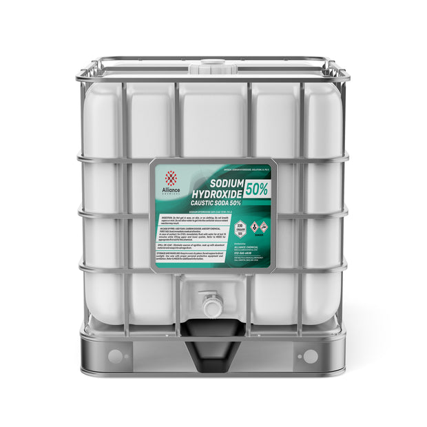 Alliance Chemical 330-gallon tote of Sodium Hydroxide 50% Membrane Grade with a steel cage and a label.