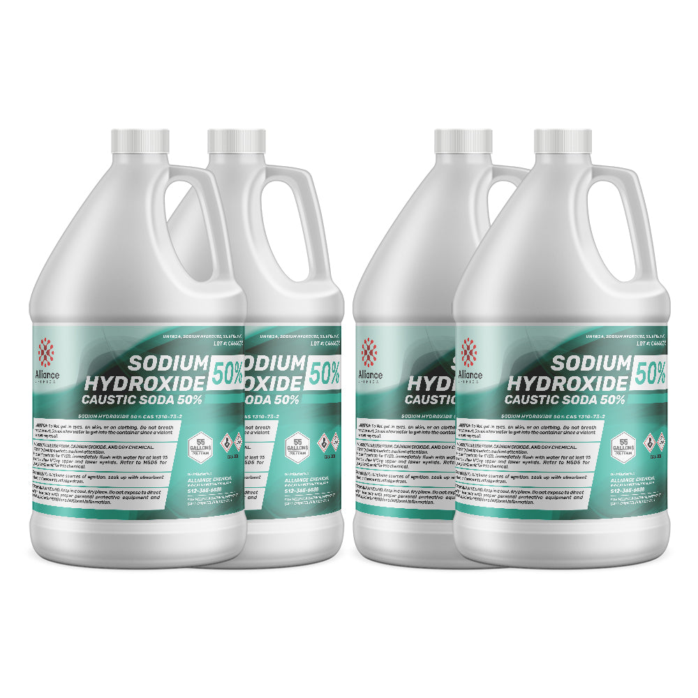 4x1-gallon HDPE jugs of 50% Sodium Hydroxide (Caustic Soda), membrane-grade, with GHS hazard symbols and Alliance Chemical branding in teal.