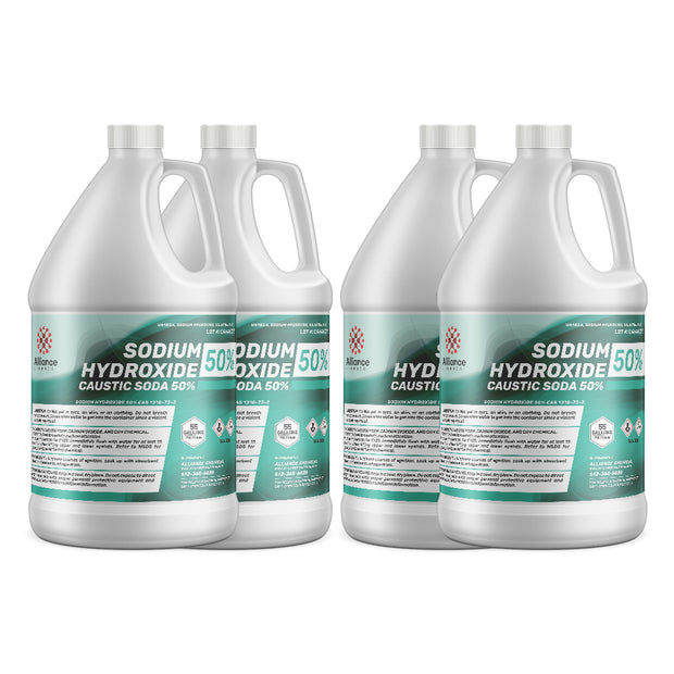 4x1-gallon HDPE jugs of 50% Sodium Hydroxide (Caustic Soda), membrane-grade and Alliance Chemical branding in teal