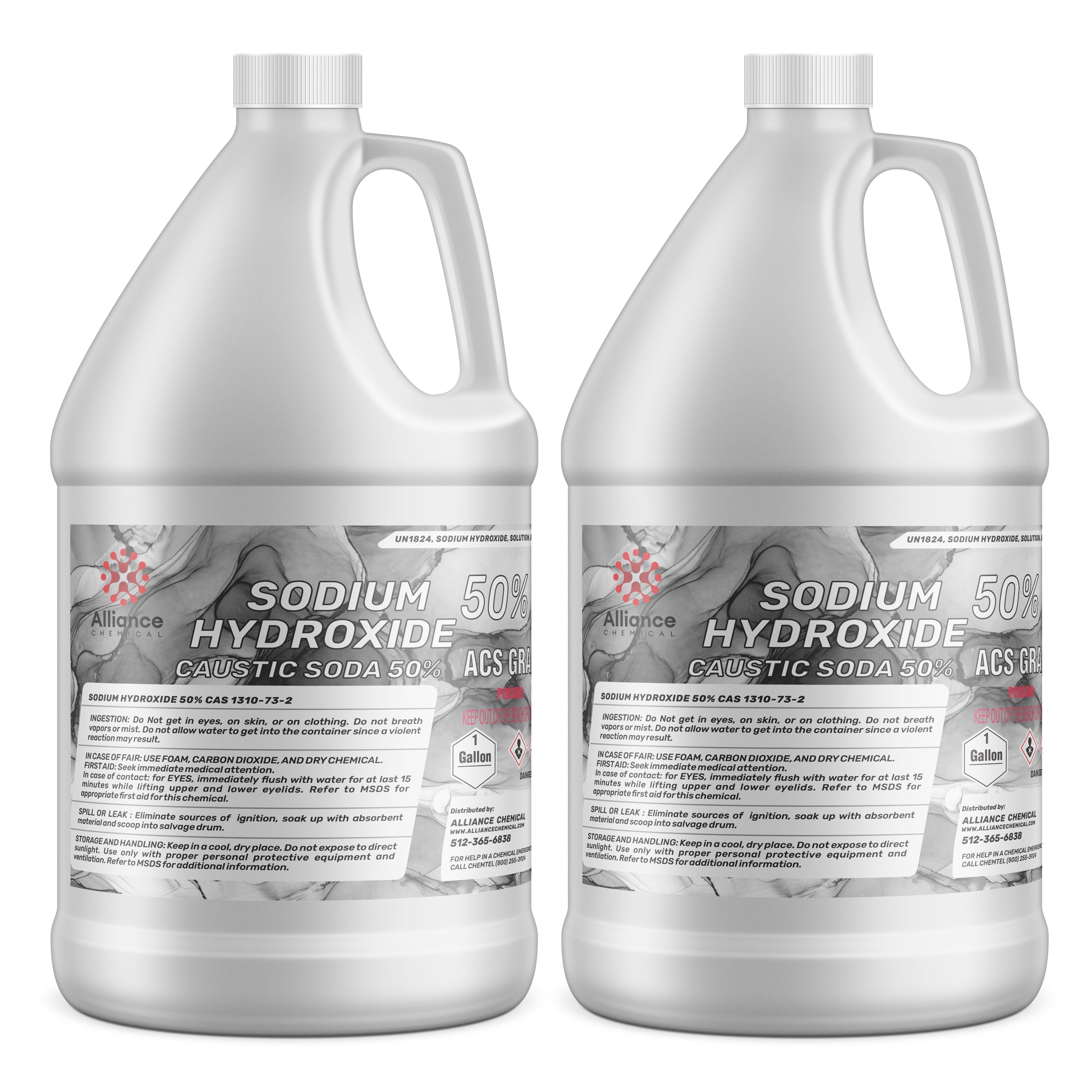 1-gallon containers of 50% Sodium Hydroxide (Caustic Soda) solution, ACS grade, with hazard warnings, UN1824 classification, in white HDPE jugs.
