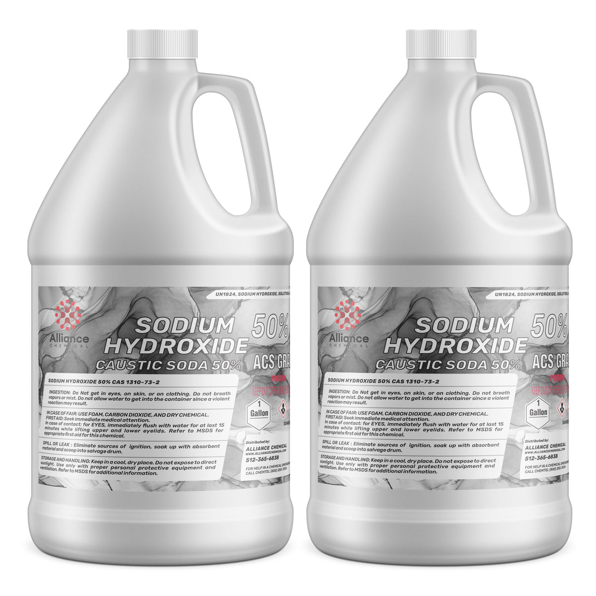Two 1-gallon HDPE jugs of Alliance Chemical Sodium Hydroxide 50% Solution ACS Grade with white screw caps.