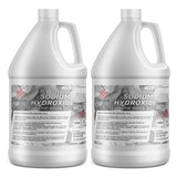 Two 1-gallon HDPE jugs of Alliance Chemical Sodium Hydroxide 50% Solution ACS Grade with white screw caps.